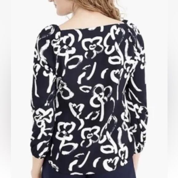 J Crew Floral Brush Stroke Top Sz 6 Crepe Navy Ivory Puff Sleeves Square Neck‎ - Picture 4 of 11